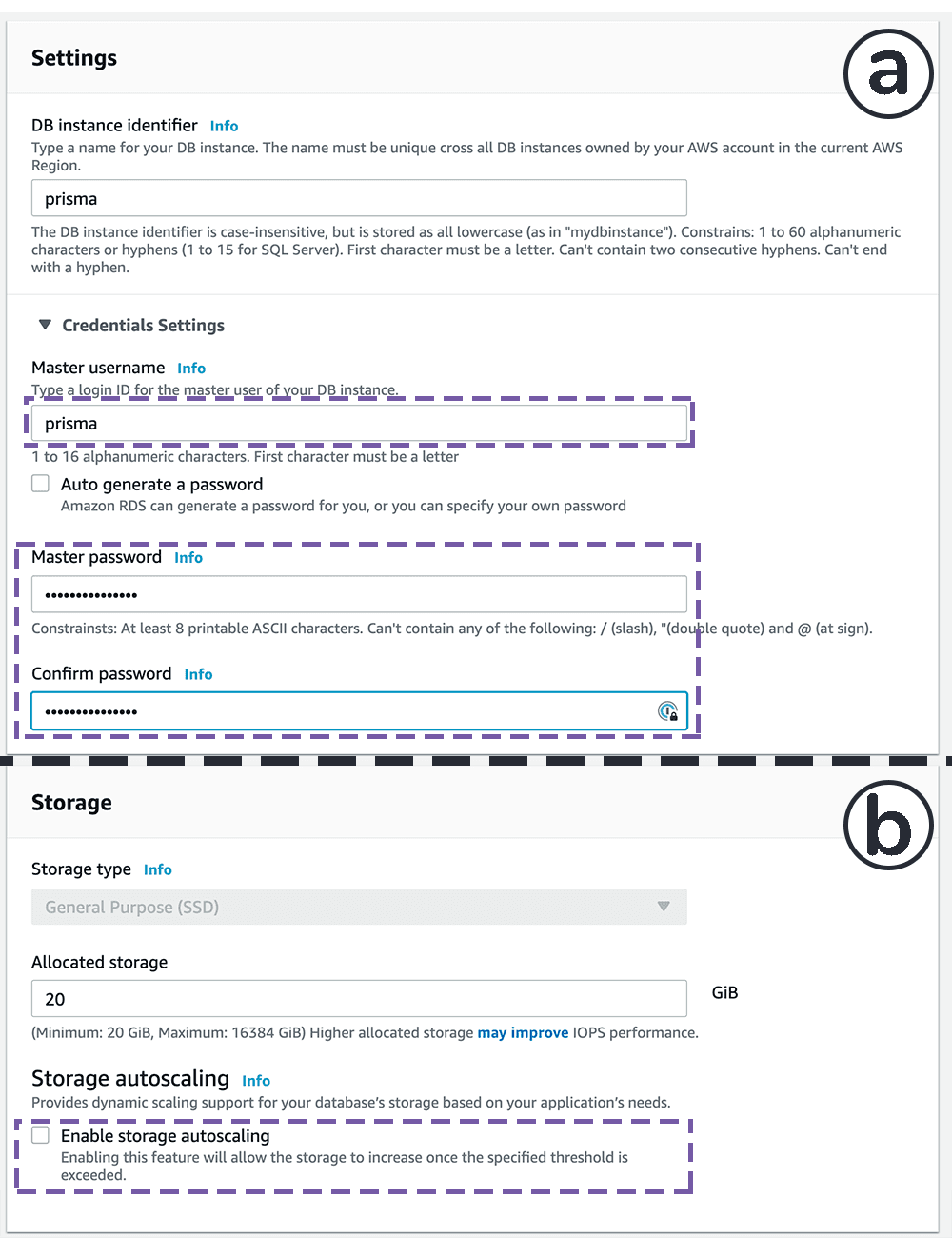 Configure the RDS user and password settings.