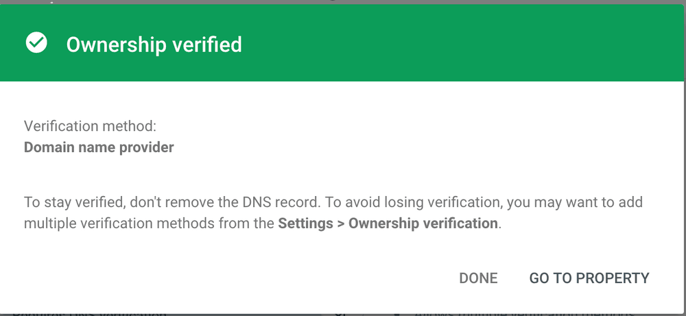 Google search console verified correctly dialog box.