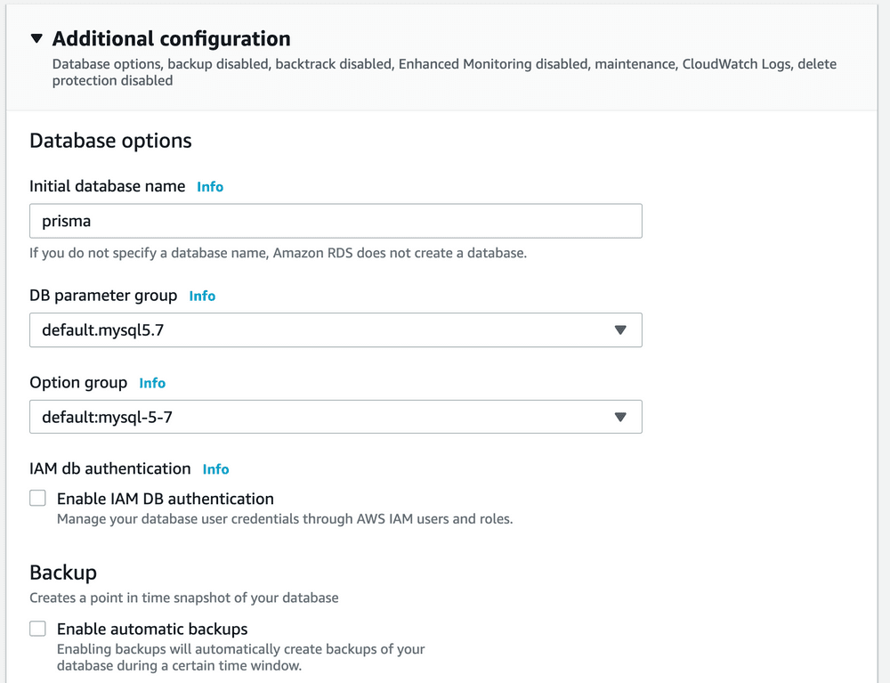 Specify the default database and automated backups.